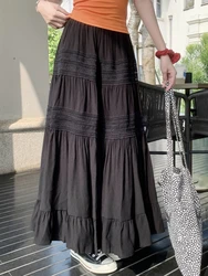 Gonna media lunga per donna gonna nera bianca 2024 Goth Lolita primavera estate pizzo all'uncinetto scava fuori gonne a pieghe a vita alta rok