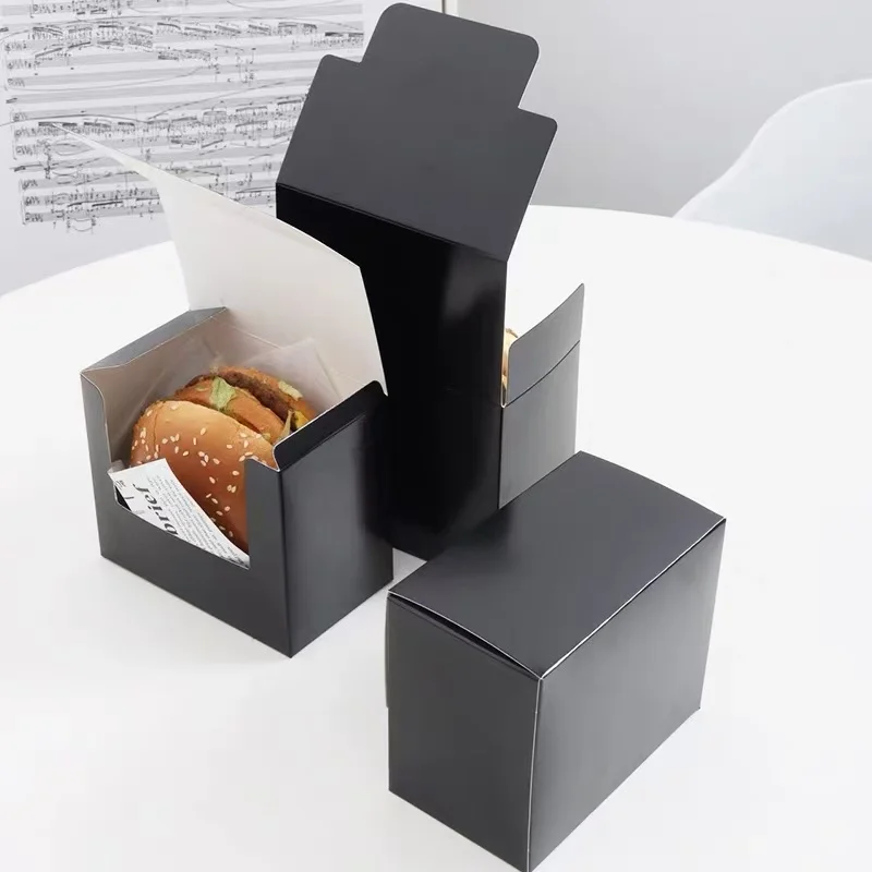 50Pcs Black Paper Box Sandwich Box Baking Food Bread Donut Egg Toast Burger Packaging Box for Bakery Breakfast Lunch Supplies