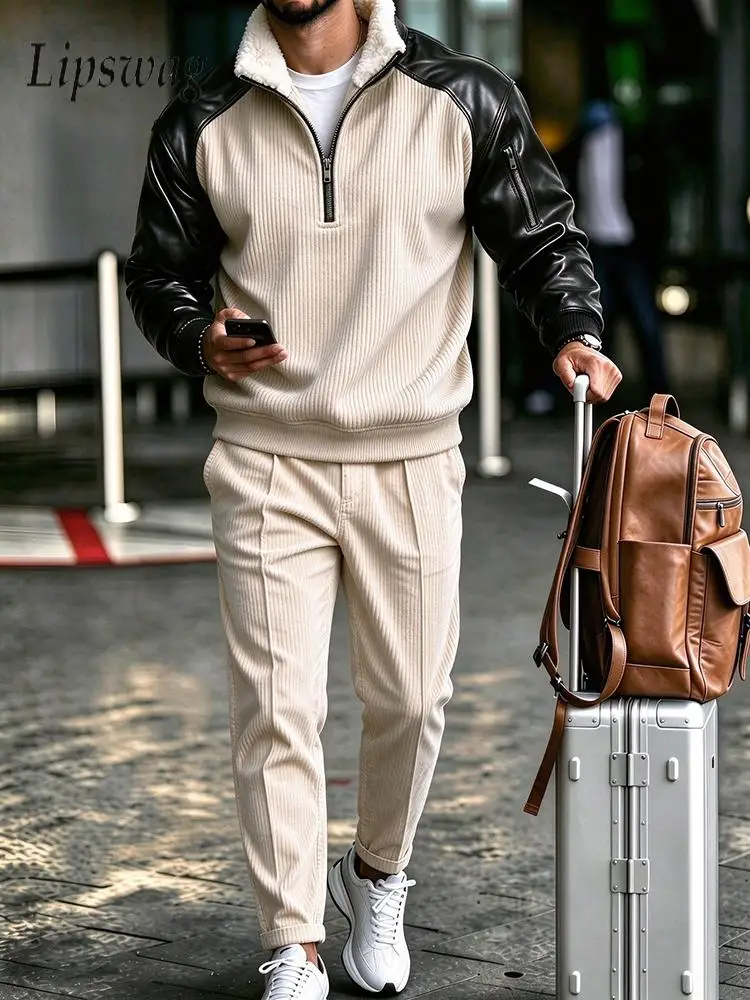 2026 Winter Mens Contrast Color Patchwork Polo Shirts Sets Long Sleeve And Trousers Two Piece Suits Corduroy Tracksuit Outfits