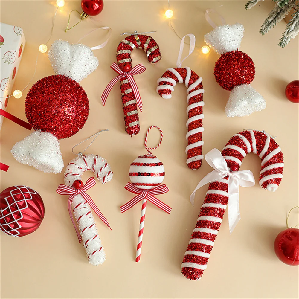 Xmas Tree Hanging Pendant Christmas Red Candy Crutch Lollipop Ornaments 2025 New Year Gift 2024 Christmas Home Decoration ﻿New