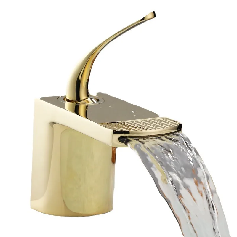 

Brass light luxury waterfall basin faucet, household bathroom undercounter basin hot and cold faucet