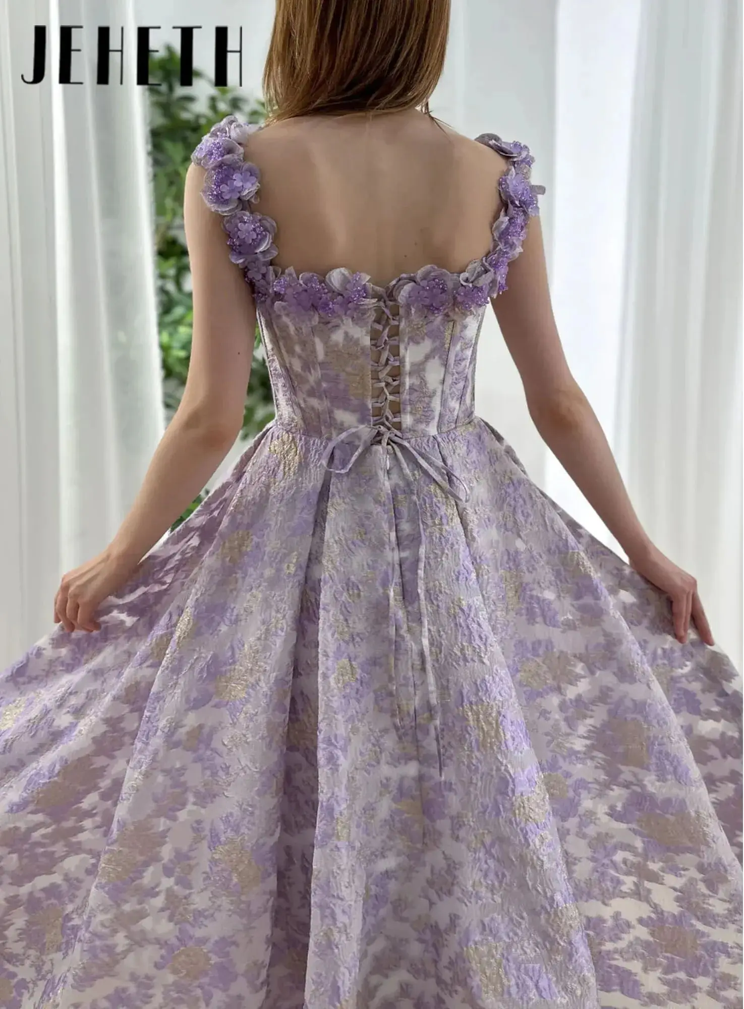 Korset Bloemen Kristallen Band A-lijn Lavendel Avondjurk Mouwloze Galajurk Enkellange Aangepaste Verjaardagsfeestjurk
