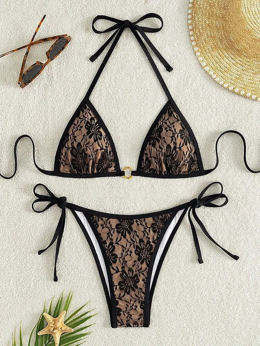 

Сетчатое кружевное бикини с вышивкой и лямкой на шее, женский купальник, женский купальник, комплект бикини из двух частей, купальный костюм, пляжный купальный костюм