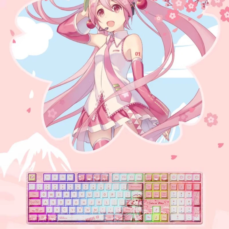 Hatsune Miku Sakura Pink Mouse Mechanical Keyboard Wireless/Bluetooth Gaming Office Work Use Ergonomic Design Girls Gifts
