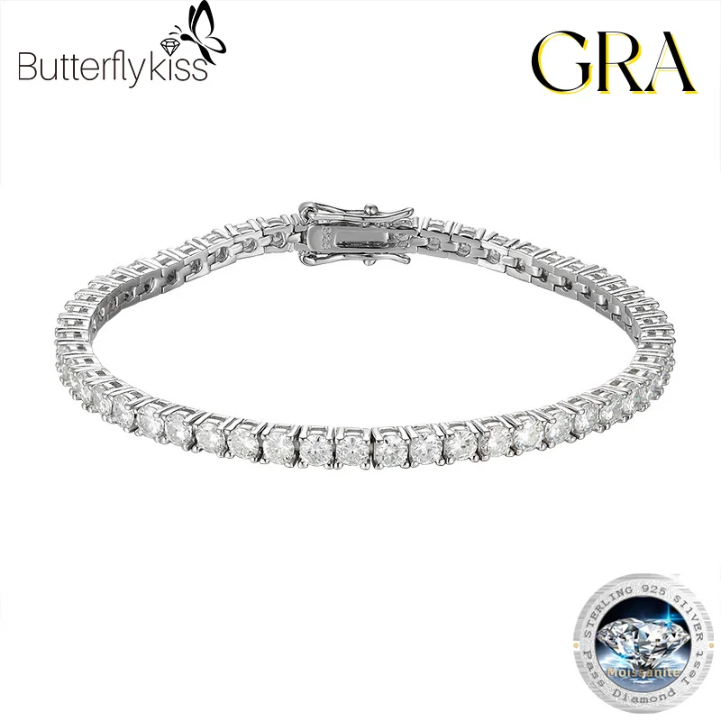 

Butterflykiss 3mm/3.5mm All Moissanite Tennis Bracelet For Men Women Shine Party Diamond Chain 925 Sterling Silver Fine Jewelry