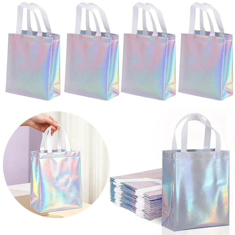 5-15PCS White Handle Holographic Gift Bags Elegant Iridescent Wrapping Set For Birthday Presents Wedding Celebrations Favors ZYF