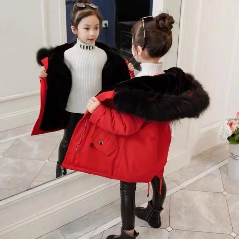 2025 New Big Size Teen-agers Winter Girls Jacket Fur Collar  With Velvet Hooded Thick Coat For Kids Children Birthday Present