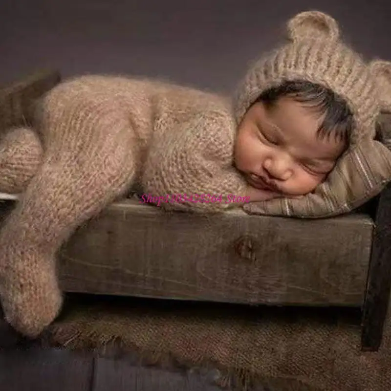Newborn Baby Photography Props Boy Girl Crochet Costume Outfits Mohair Bear Hat with Footed Romper Bodysuit 2pcs