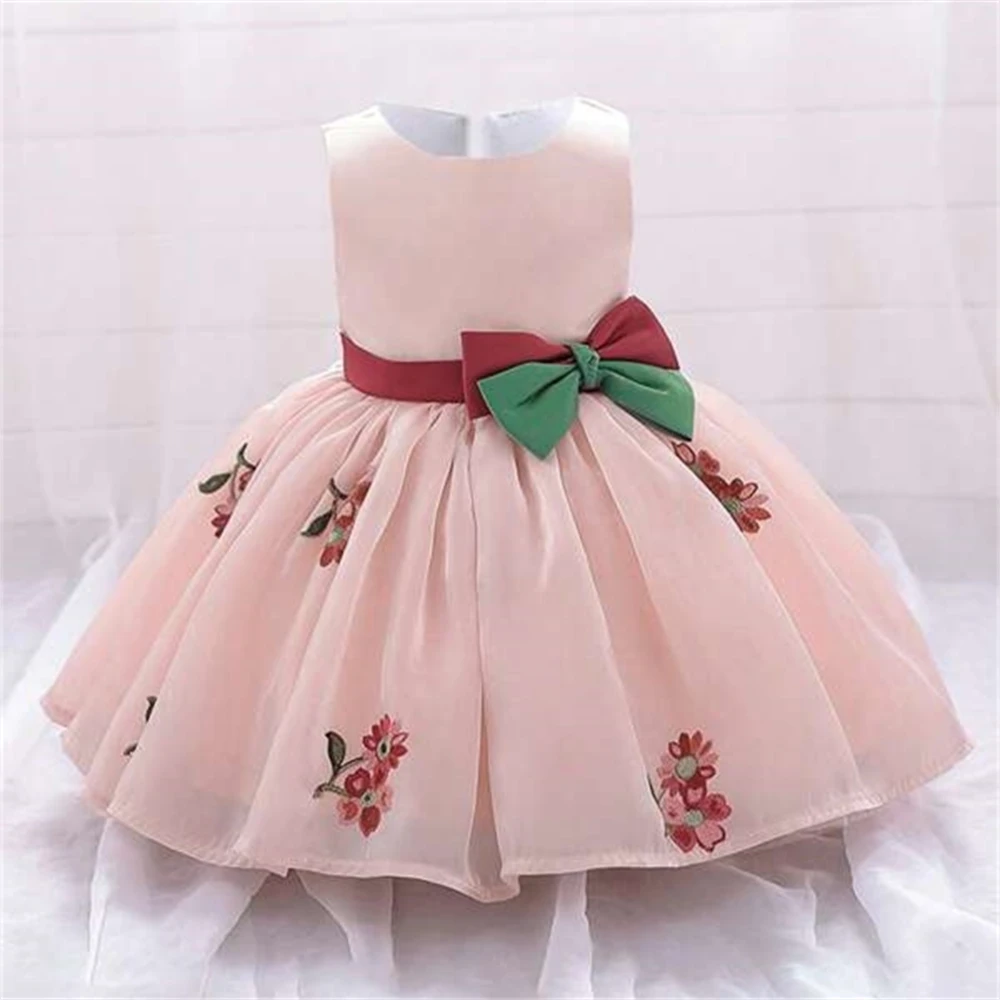 Baby Bow Flower Dresses for Girl Wedding Party Baptism Princess Girls Dress Toddler Pink 1st Birthday Formal Kids Clothes Gown