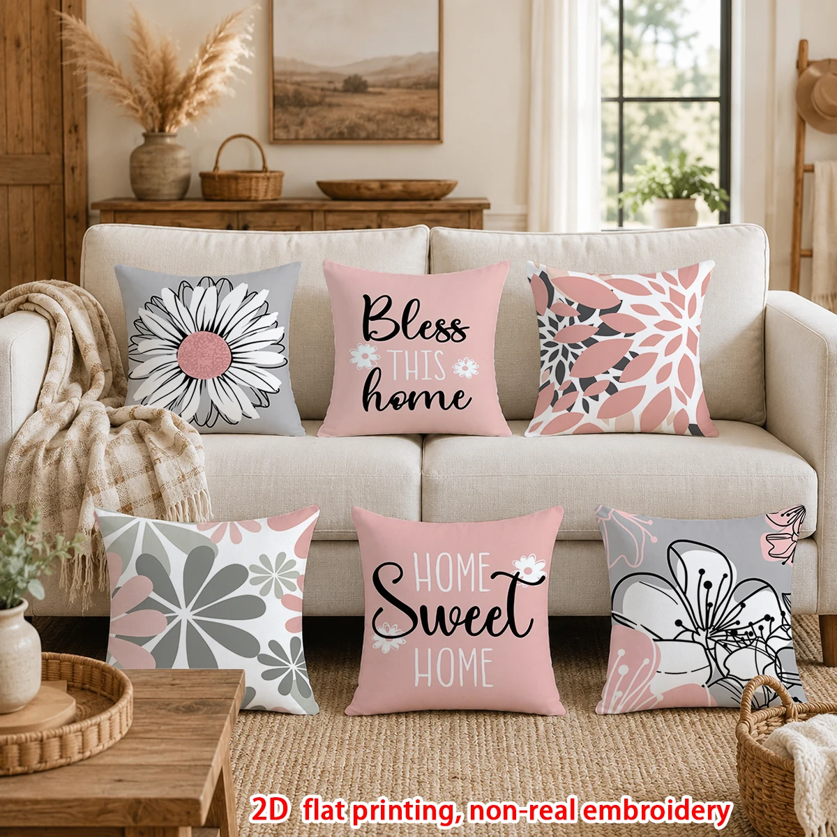 1pc  Set of 6 Pink Grey Floral Throw Pillow Covers, Home Sweet Home Bless This Home Decorative Cushion Cases for Sofa Bedroom