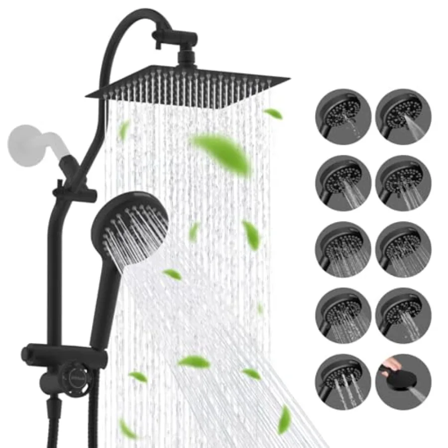 

8-inch Rainfall Showerhead Combo with Matte Black All Metal Construction High Pressure 10-Spray Handheld 4-way Diverter and Pau