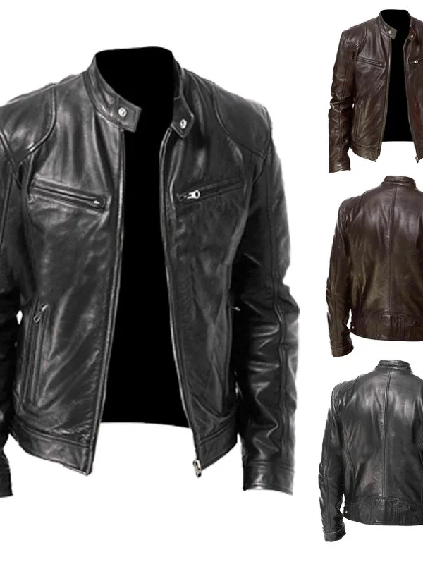 

Мужская кожаная куртка-пальто 2026 года, осенне-зимняя, утепленная, с длинными рукавами, на молнии, с воротником-стойкой, с множеством карманов, модная спортивная одежда