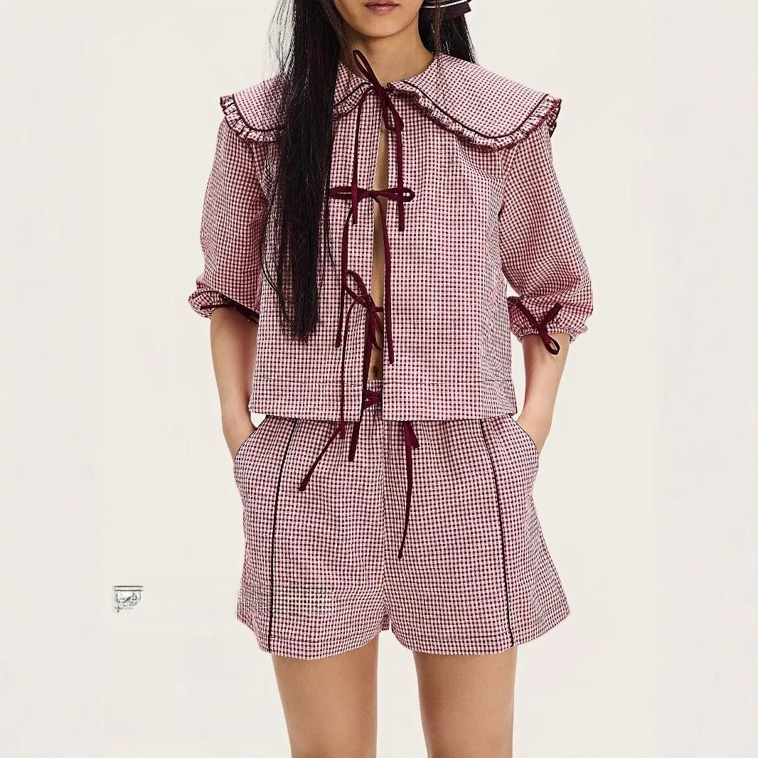 

Женский комплект из рубашки и шорт с клетчатым воротником-стойкой, состоящий из двух предметов, для повседневной носки, из ПВХ-материала