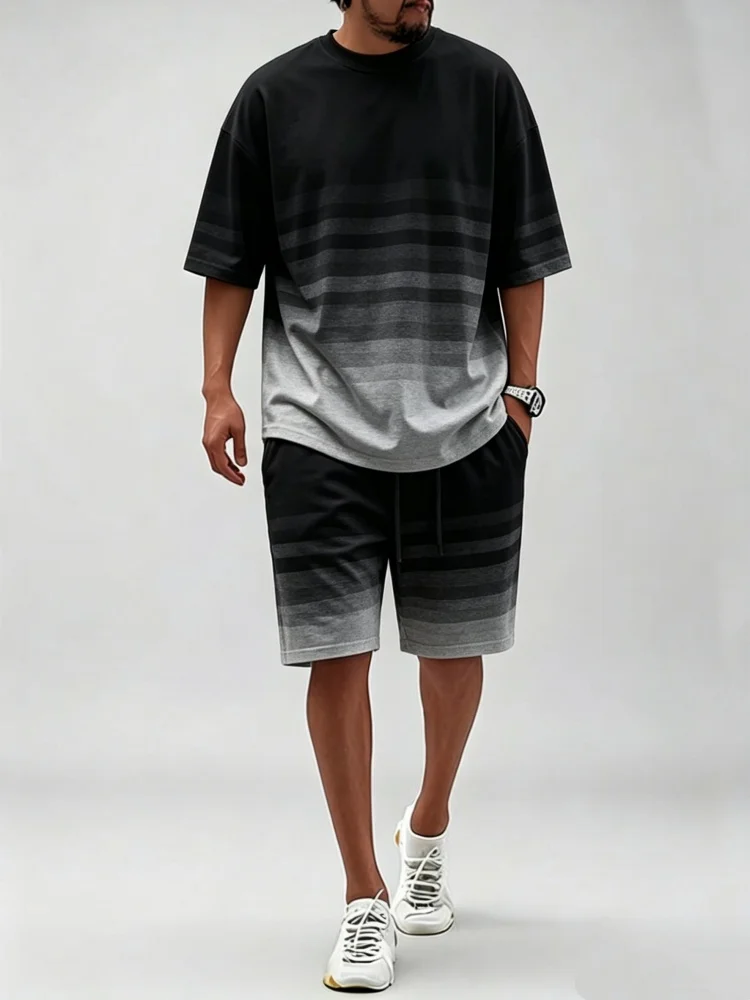 Men Oversized Crew Neck Short Sleeve Tee Drawstring Knee Length Shorts Black Grey Gradient Stripe Print Casual Two Piece Set