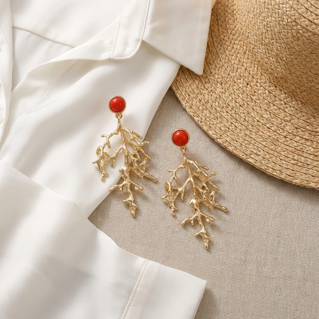 Boho Goldfarbene Korallenzweig-Ohrringe für Frauen Elegante 3D-Strukturierte Rote Akzente Hängeohrringe Sommer Künstlerischer Schmuck Geschenk – Detail 12
