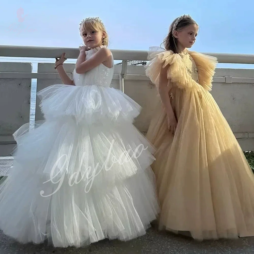 Girl Kids Puffy Party Dress Sleeveless Layered Performance Frocks Birthday Wedding Bridesmaid Beauty Baptism Evening Dresses
