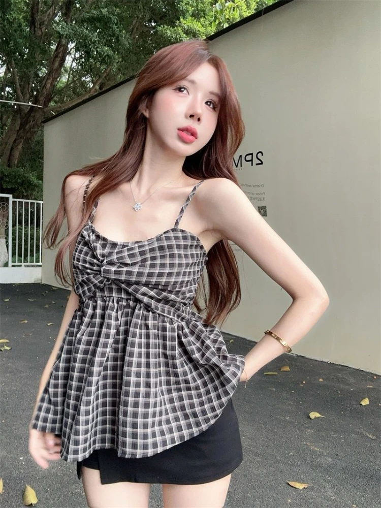 Streetwear Gyaru Tanks Sleeveless Plaid Patchwork Folds Summer Female Slim Tops All Match Fashion Vintage 2024 Women\'s Clothing