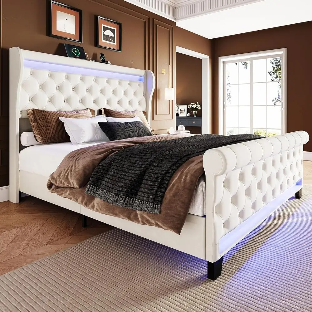 

King Size Velvet Upholstered Platform Bed with LED Lights, 2 USB & 1 Type C Port, Button Tufted, 50 Tall, Beige, No Box Spring N
