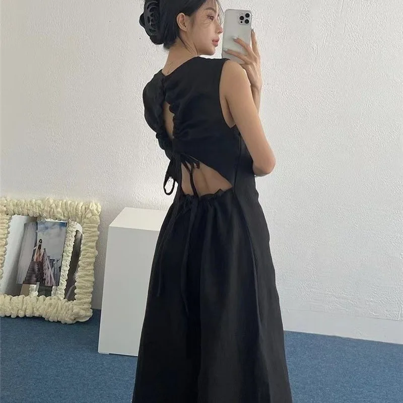 Backless Dresses for Women Cool Girls Summer Clothing Black Simple Design Hollow Out Holiday Vintage Sleeveless High Waist Niche