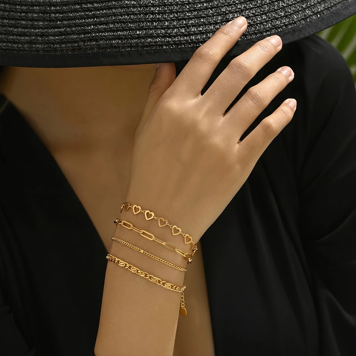 4PCSFashionable and Exquisite Women's Pressed Hollow out Love Wanzi Cuban Bracelet,24k Gold Plated Non Fading,Daily Jewelry Gift