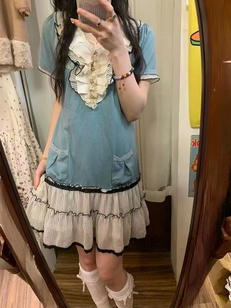Vintage Süßes Niedliches Fake-Zweiteiler-Kleid Blaues Rüschen-Streifenkleid Kurzarm Retro Kawaii Japanisch Y2K Harajuku Sommer