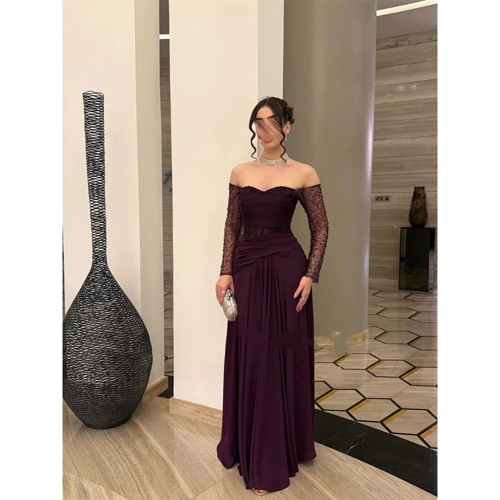 

Off Shoulder Prom Dress Customized Classic Jersey Sequined Beading A Line Party Dresses Boat Neck Long Sleeves Evening Gowns