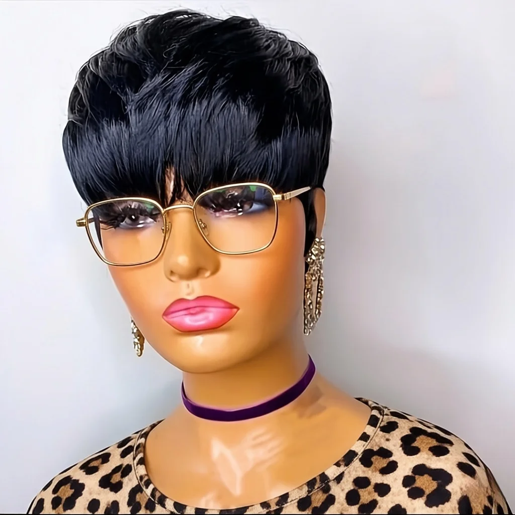 Full Machine Made Human Hair Short Pixie Wig, Natural Black Straight Human Hair Wig with Textured Side Bangs for Ladies Daily
