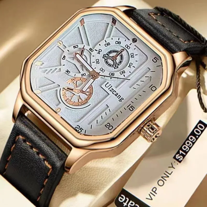 

Men's Quartz Watch Alloy Dial Business Watch Genuine Leather Large Dial Square Sports Watch Cool Black Watch For Men