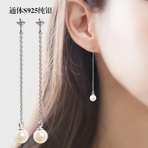 

Hot Sale Long pearl 925 Sterling Silver Earrings For Women Fashion Jewelry pendientes