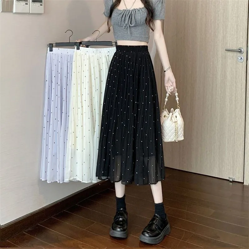 Summer Chiffon Long Skirt Woman Korean Fashion Dot Printing Midi Skirts Women Streetwear Elastic Waist A-line Pleated Skirts