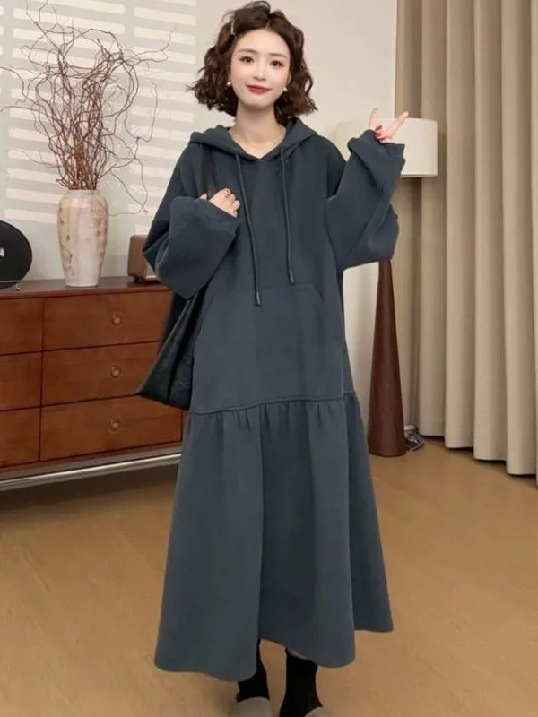 

plus Size Winter Fce A-Line Dr Casual Hoodie Dr Women's Maxi Skirt Korean Sle High Waist Polyester Fiber Long Sve