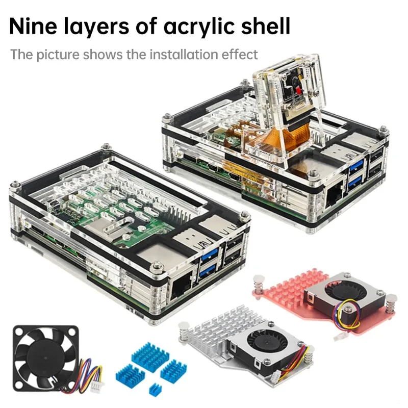 Acrylic Shell Protective Case Transparent 9-Layer Adjustable Speed Fan Can Be Installed Shell Kit for Raspberry Pi 5