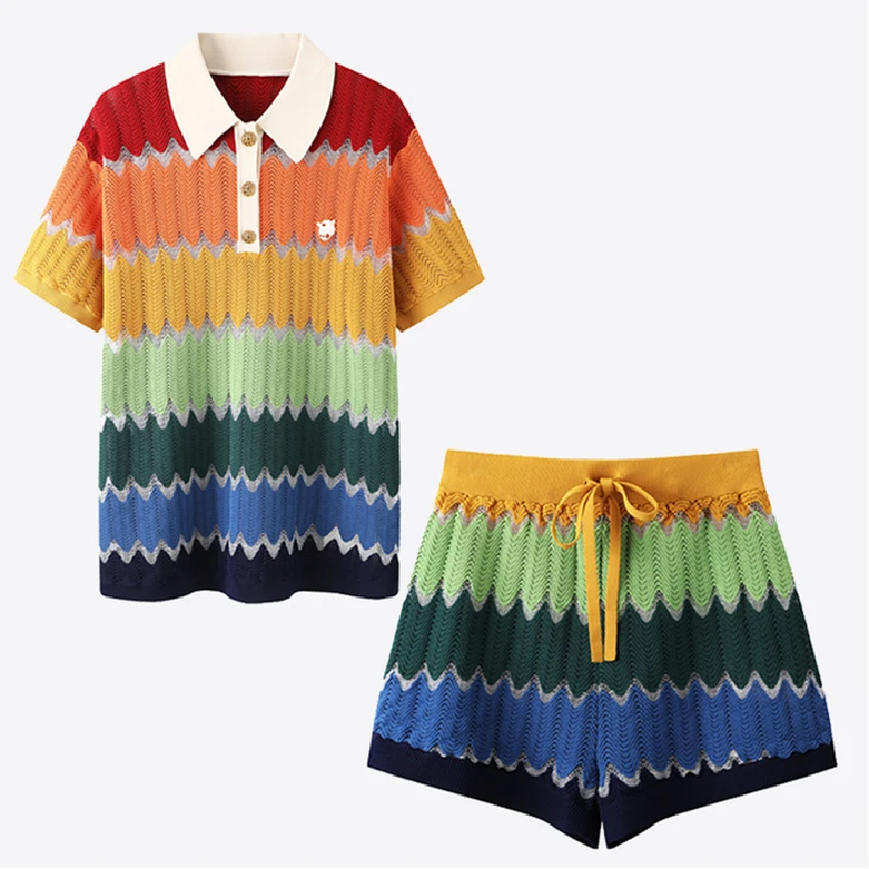 

High Quality Women Fashion Summer Vintage Ice Silk Loose Colorful Striped Polo Collar Knit Top + Shorts Suits Two Pieces Set