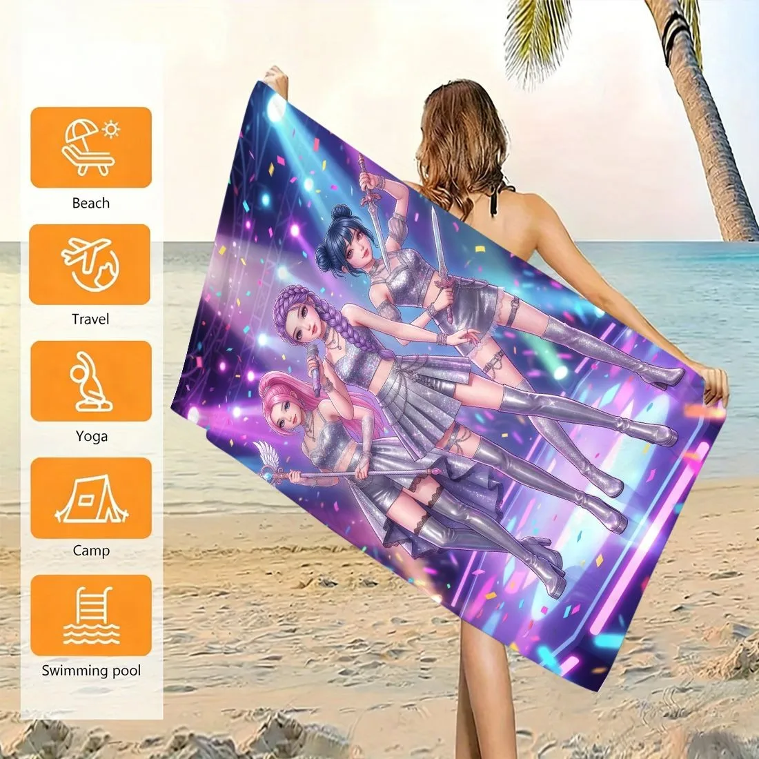 K-Pop Girl Group Chibi Beach Towel, Ultra-Fine Microfiber Quick Dry Sandproof Bath Towel, Cute Large Size for Adults Men Women