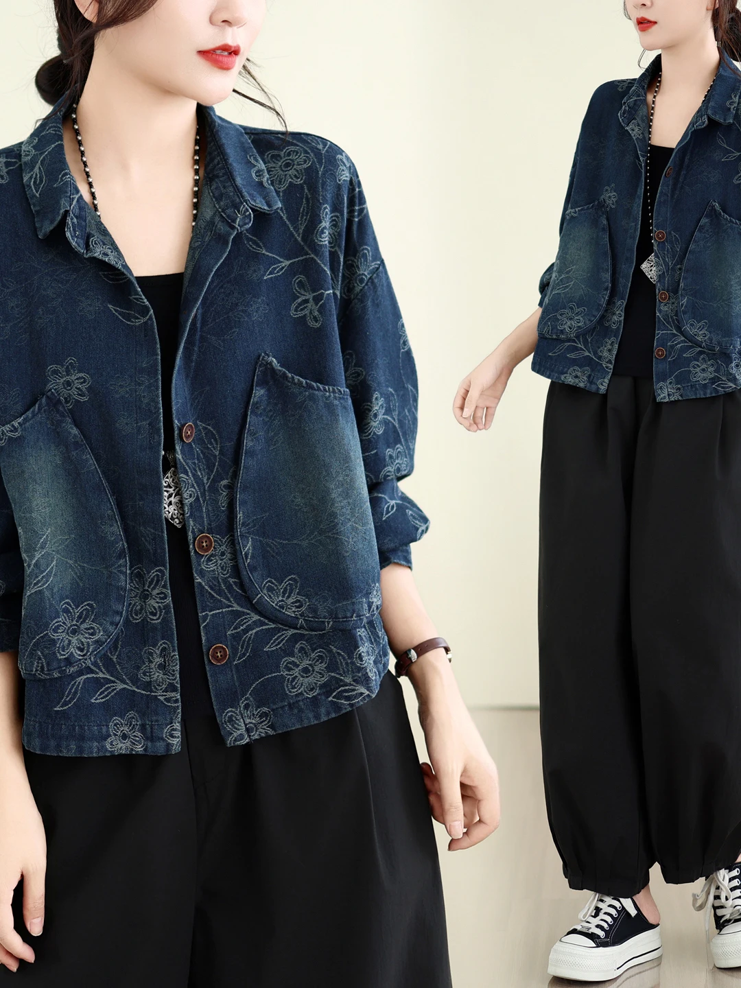 Washed Denim Short Jacket Women's Printed Casual Loose Fit Polyester Cotton Blend Autumn Outerwear Fashionable Short Coat