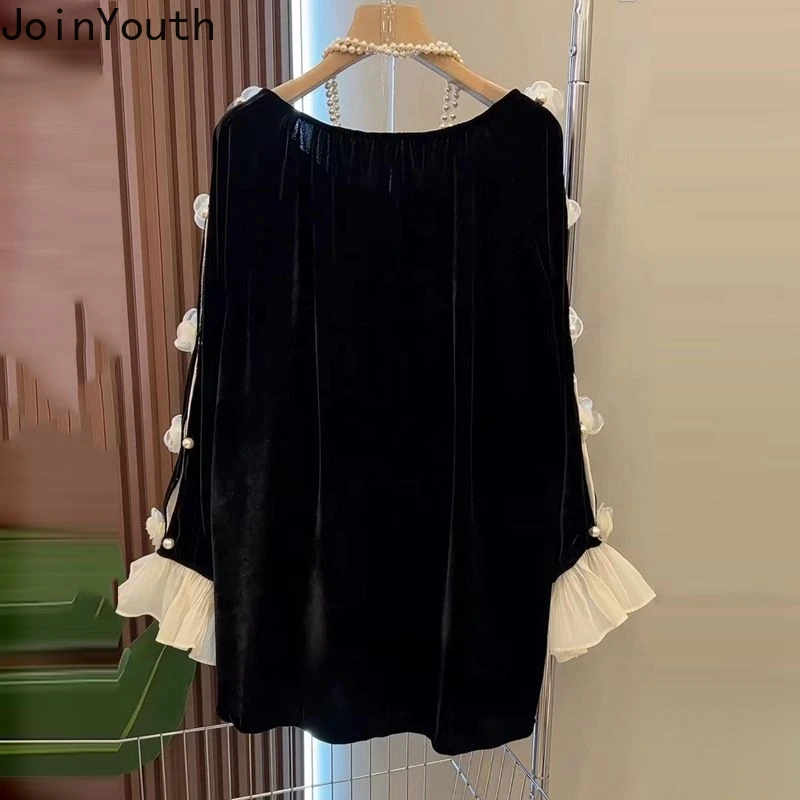 Heavy Beading Shirts 2024 Women Clothing Camisas De Mujer 3D Floral Loose Blouses Vintage Black Tops Chic Velvet Korean Blouse