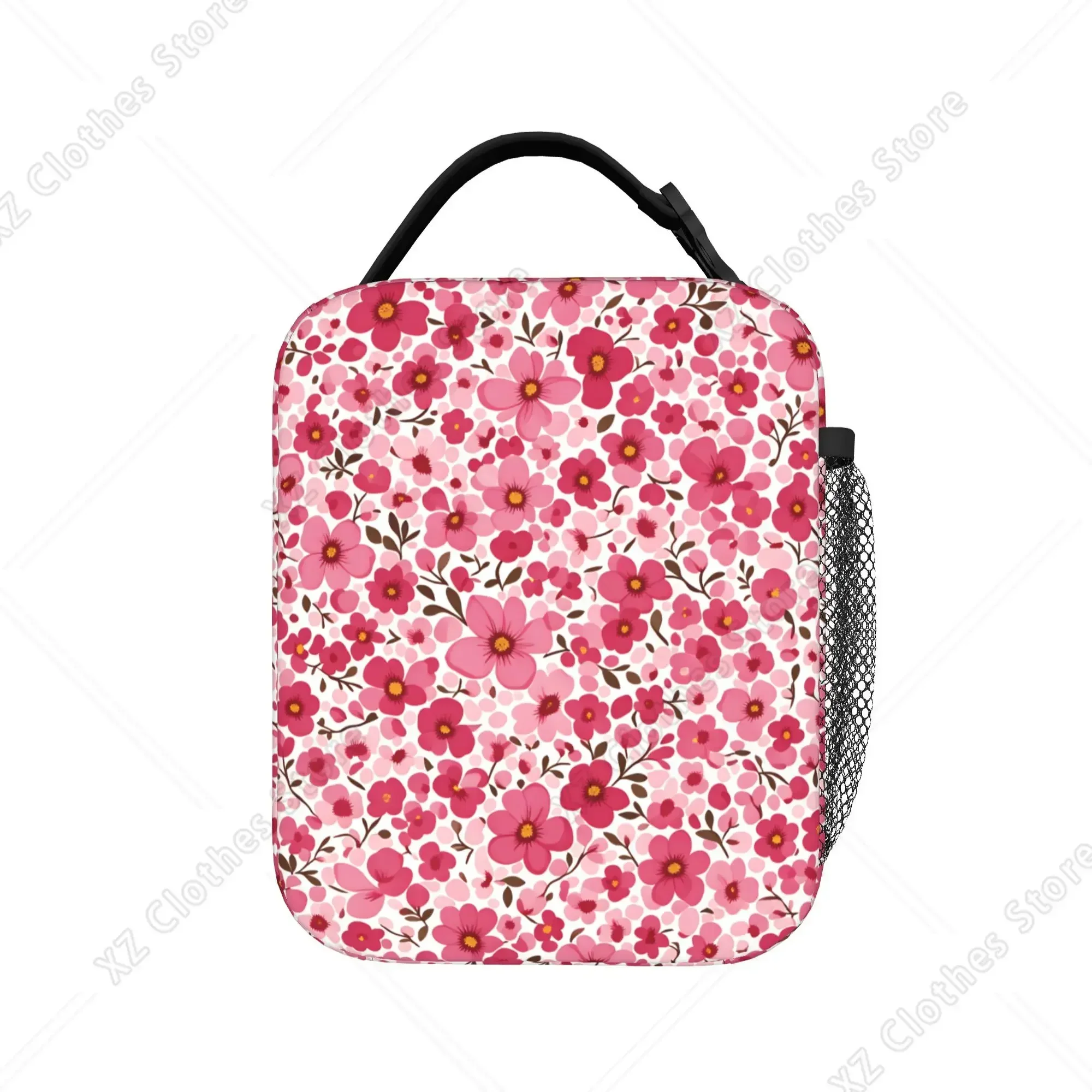 Dense Pink Floral Cherry Pattern Lunch Bag Outdoor Picnic Portable Insulated Thermal Lunch Bags For Men Waterproof Cooler Bag