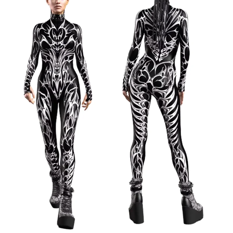 

Halloween Role Play Pattern Unisex Men's Black Jumpsuit For Party Masquerade Couple Women's Tights Nightclub Dark Style Suit Set