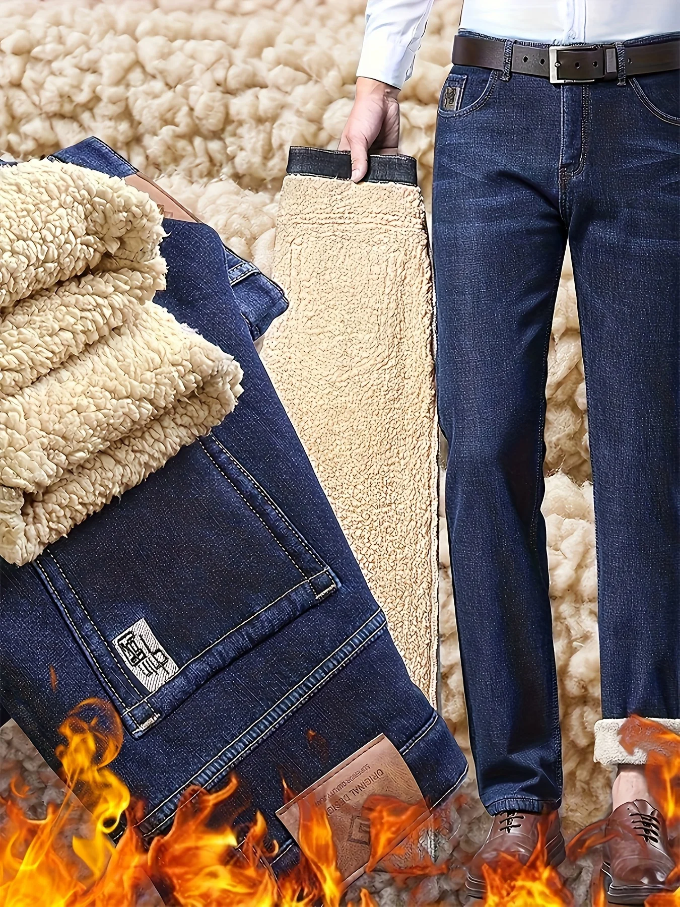 2026Winter Thermal Fleece Stretch Jeans Mens Business Casual Brand Fleece Pants Men Straight Flocking Thick Trousers Blue Black