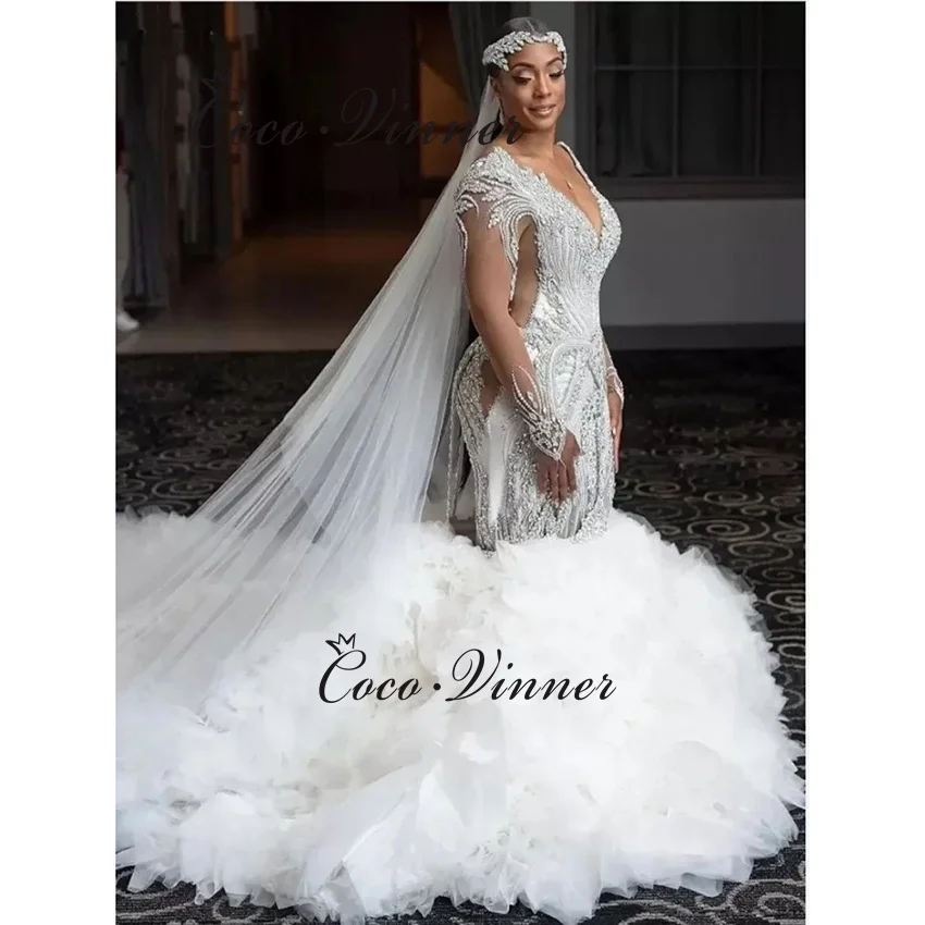 

Customized 2025 Luxury Mermaid Wedding Dress Mermaid Style Tulle Ruffle Court Train Sexy V Neck Exquisite Wedding Gown W1478