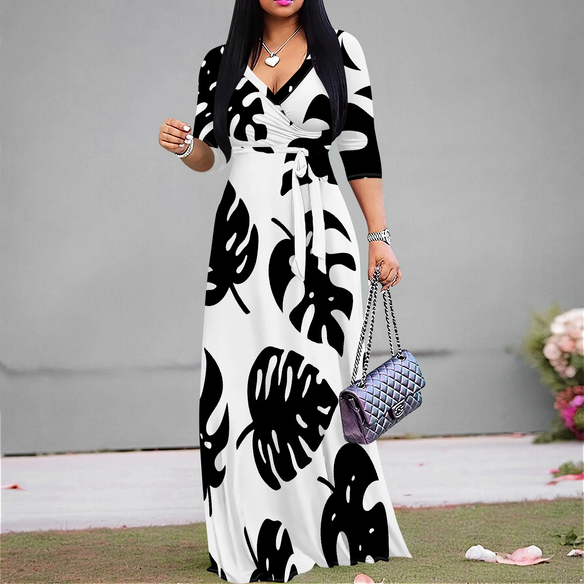 

Women's V-Neck Maxi Dress Summer Tropical Leaf Print 3/4 Sleeve Beach Vacation Dress with Belt XS-3XL