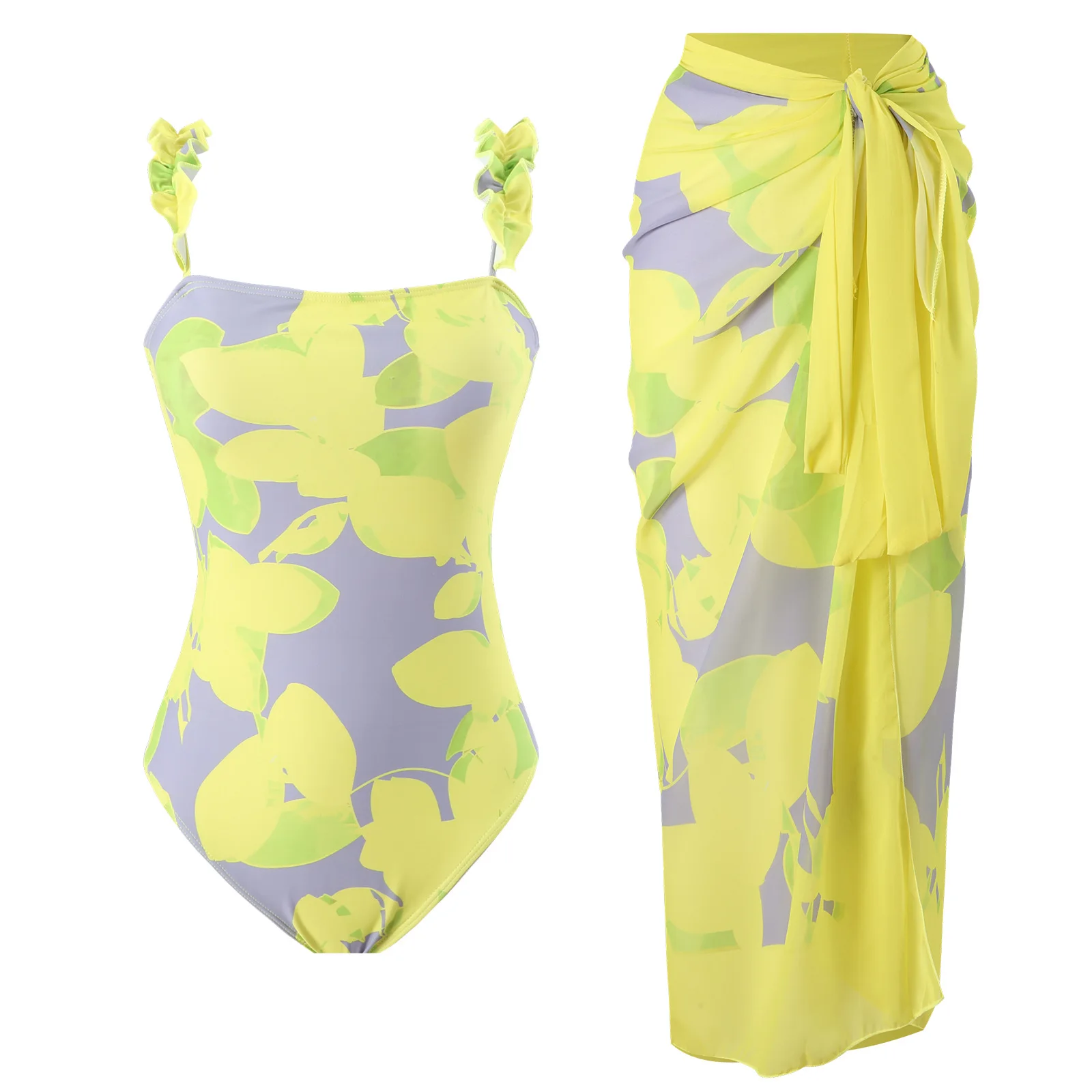

2025 Yellow Ruffle One Piece Swimsuit & Skirt Padded Sexy Swimwear Women Bathing Suit Female Swimming Summer Beachwear Bodysuit