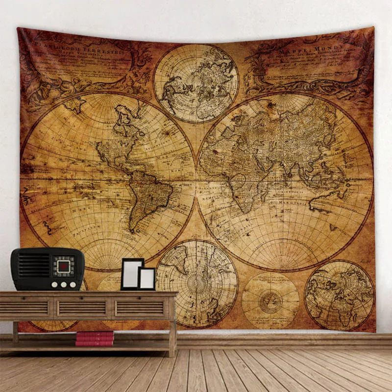 Tapiz colgante de pared con mapa del mundo Retro, tapiz psicodélico, hippie, bohemio, decoración del hogar, manta de fondo, hoja de tela, esterilla de yoga