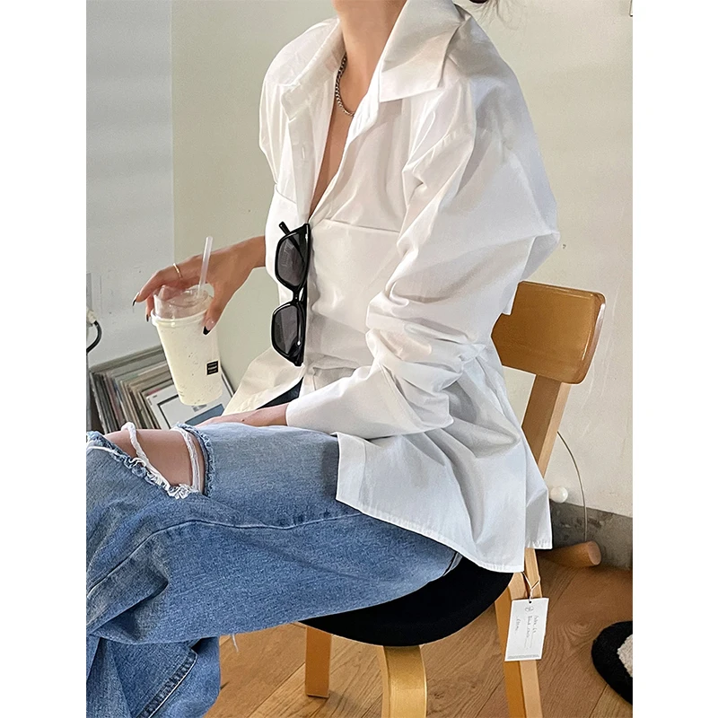 MEXZT Elegant White Shirts Women Fashion Streetwear Bow Bandage Blouses Office Ladies Korean Patchwork Long Sleeve Casual Tops