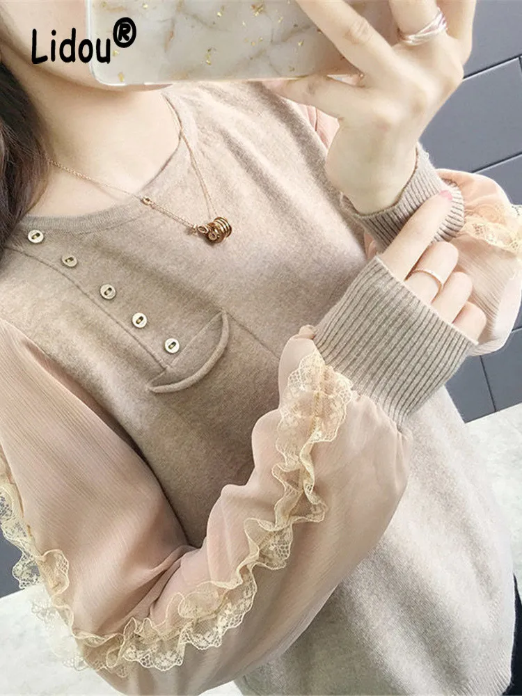 

Autumn Korean Style Knitwear Women Casual Lace Button Pocket Loose Knitted Sweater Solid Long Sleeve Basic Pullover Blouses Tops