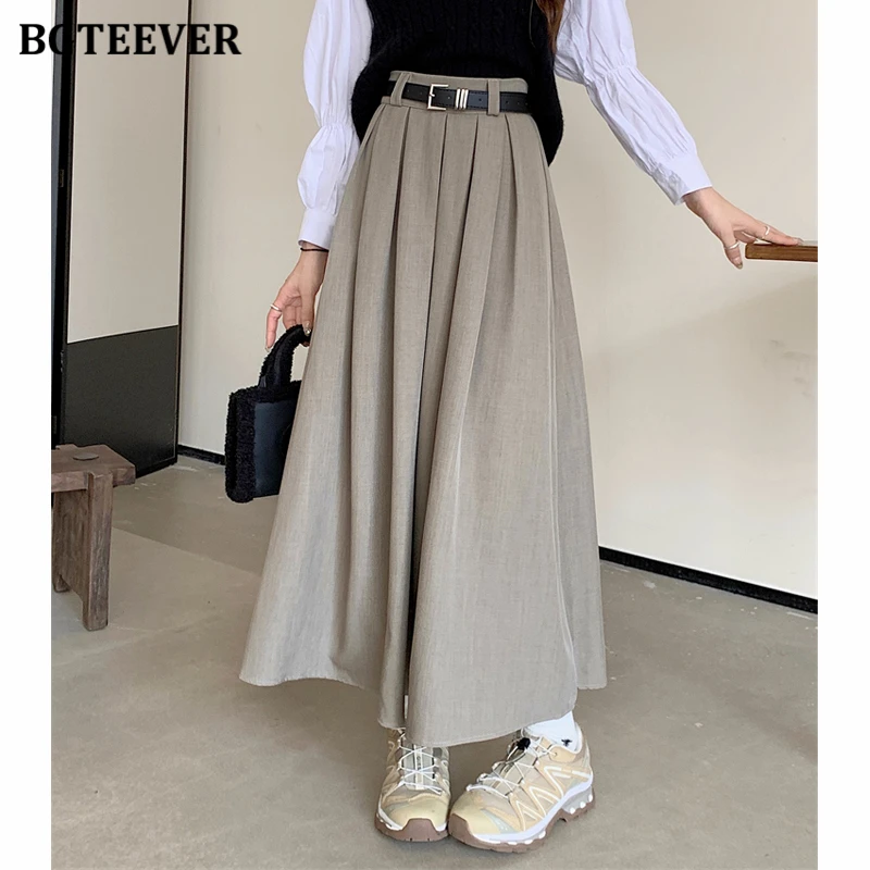 

BGTEEVER Fashion Autumn Winter Loose Female A-line Midi Skirts Stylish High Waist Belted Ladies Solid Pleated Skirts