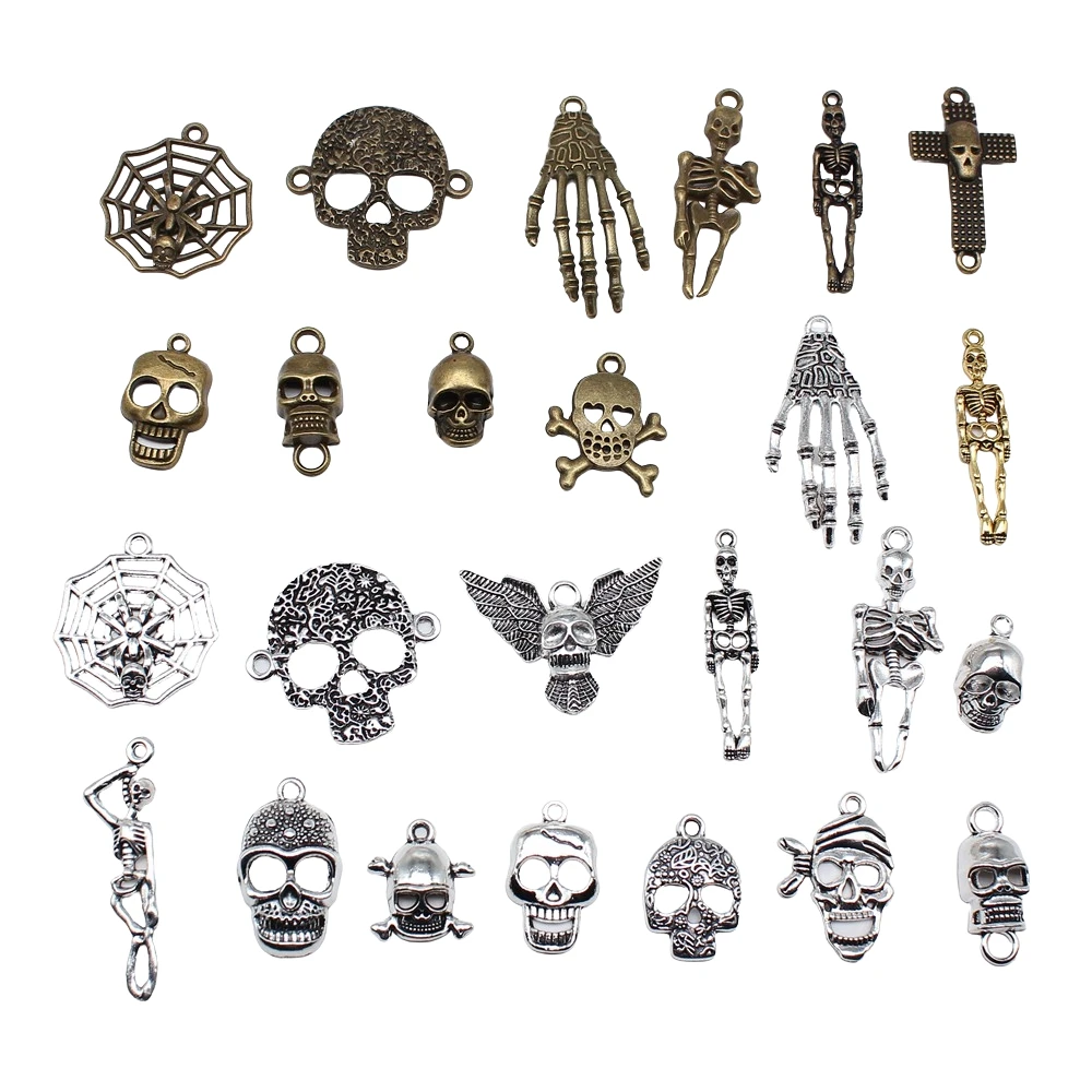 10pcs Skull Skeleton Charms For Jewelry Making Tibetan Bronze Silver Color Pendants Antique Jewelry Making DIY Handmade Craft