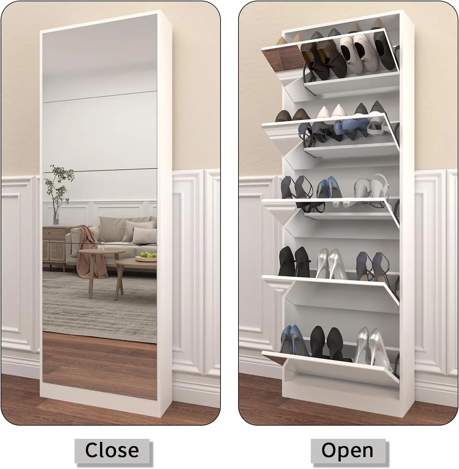 Shoe Cabinet with Mirror Drawers, Freestanding Shoe Rack Organizer with 5 Flip Drawers, Modern Full Length Mirror Shoe Storage image 3