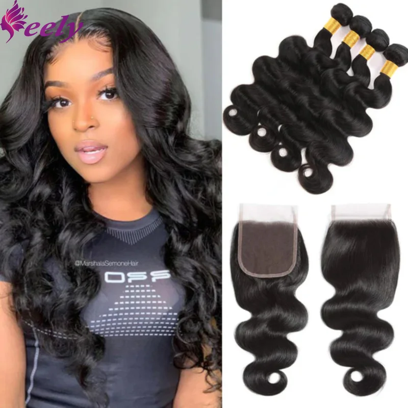 

Human Hair Bundles With Closure Body Wave 4x4 Lace Frontal Weave Hairpiece Natural Black Color 3 Bundles Human Hair With Closure