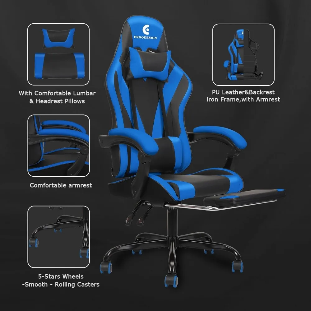 Gaming Chair with Linkage Armrest & Footrest, High Back Video Gaming Chair, for Office Room 20"D X 19.3"W X 53"H Gaming Chair